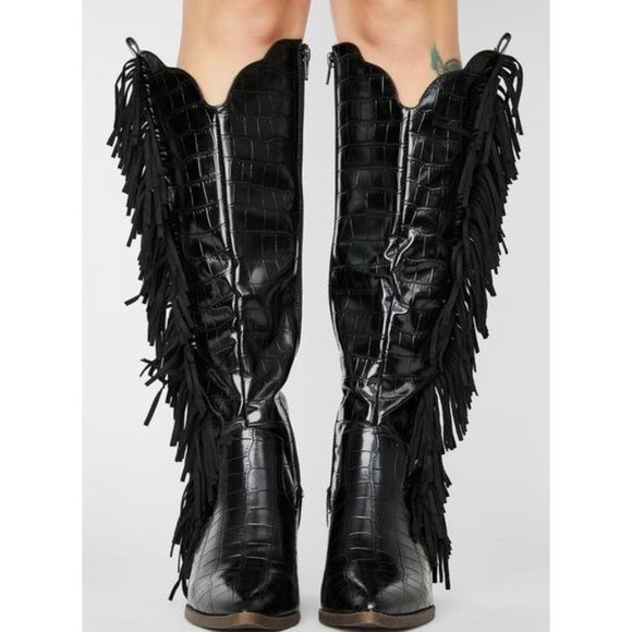 Gothabilly Cowgirl Boots Western Leather Fringe Crocodile Alligator Stevie Nicks - Picture 3 of 10